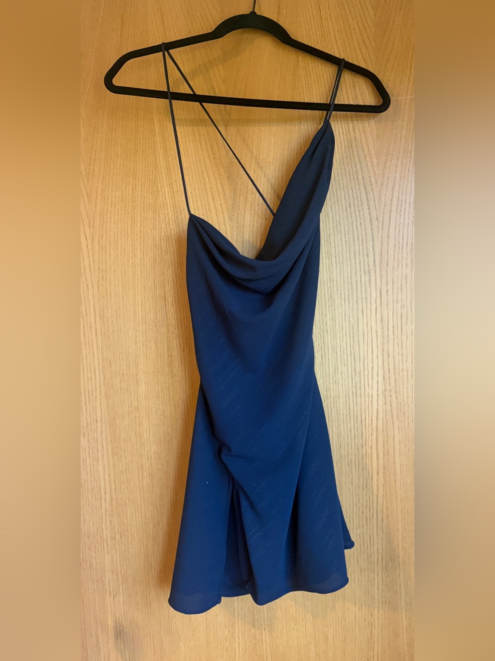 Lucy in the Sky Navy Cowl Mini Dress with Delicate Spaghetti Straps